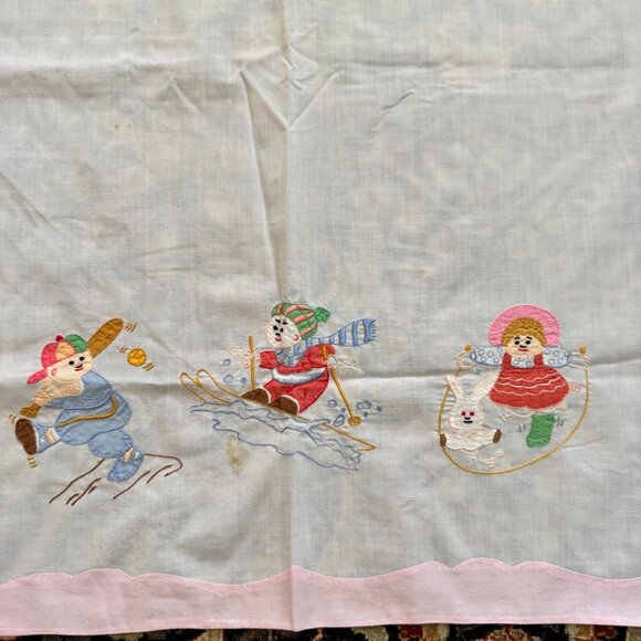 Vintage Embroidered Baby Crib Flat Sheet  Jump Rope Skiing Baseball White Pink - Picture 9 of 9